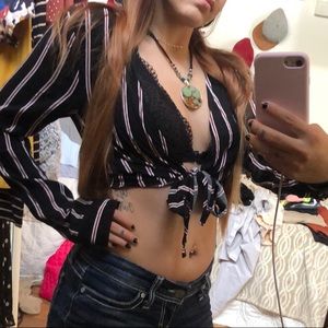 Black Striped Tie front Crop Top